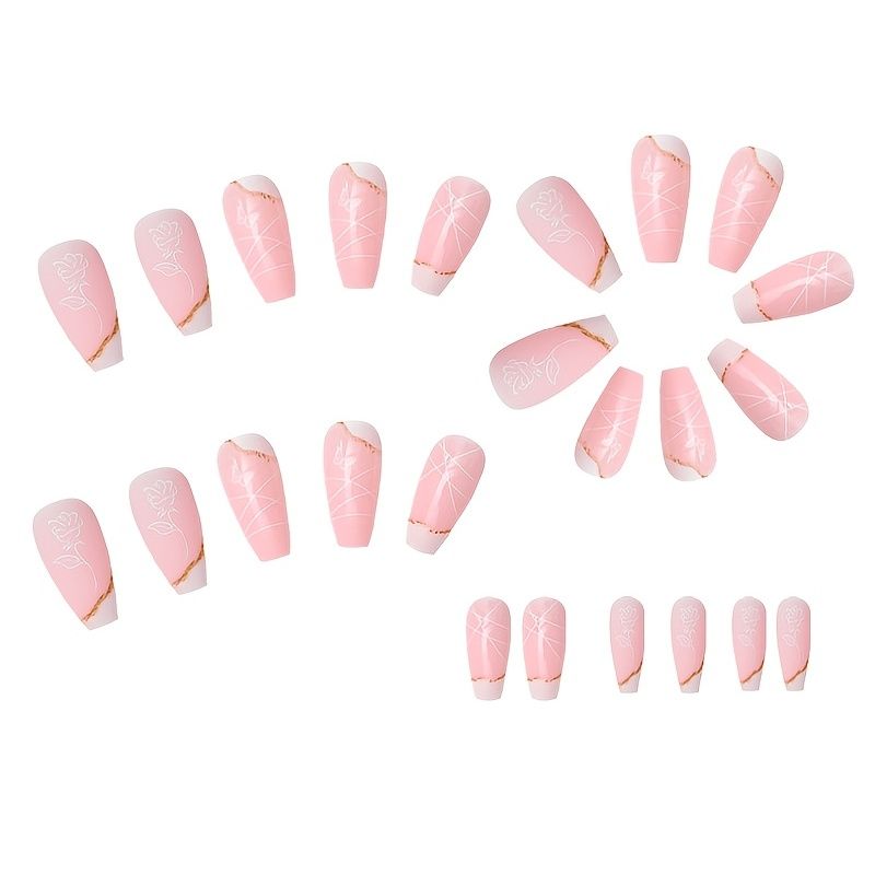 24 Pcs Press On Nails Long Fake Nails Luxury Pink Acrylic Stick On Nails  Tips Artificial Finger Manicure With Adhesive Tape For Women And Girls |  Check Out Today's Deals Now | Temu
