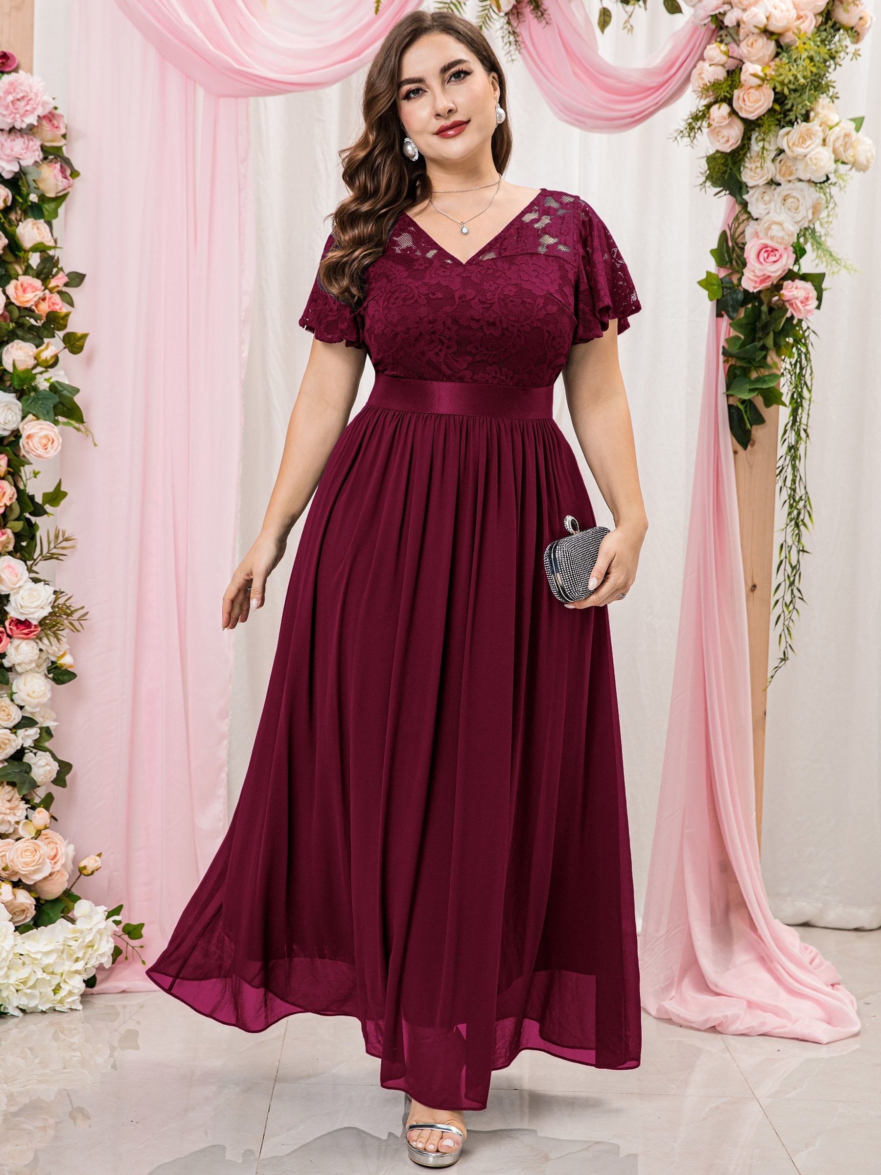 Plus Size Elegant Bridesmaid Dress, Women's Plus Floral Lace Ruffle Sleeve  V Neck Formal Evening Dress