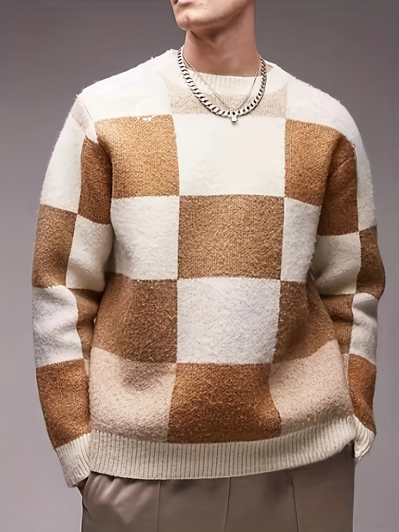 All Match Knitted Plaid Sweater, Suéter De Punto A Cuadros Para Hombre,  Cálido Y Casual, De Cuello Redondo Y Manga Larga, Para Otoño E Invierno