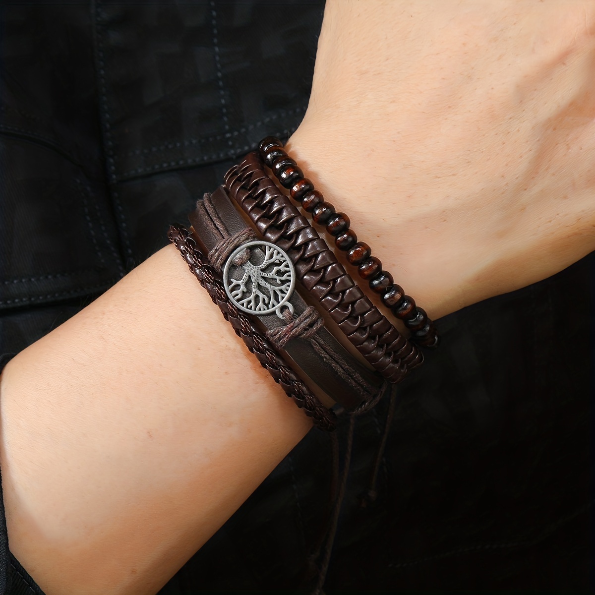 Braided Wrap Leather Bracelets For Men - Vintage, Life Tree, Rudder Charm,  Wood Beads Wrist Black Brown - Temu