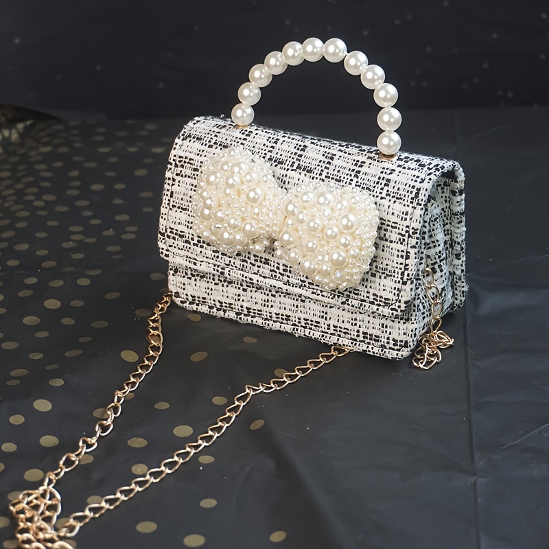 Mini Faux Pearl Decor Clear Box Bag, Trendy Argyle Embossed