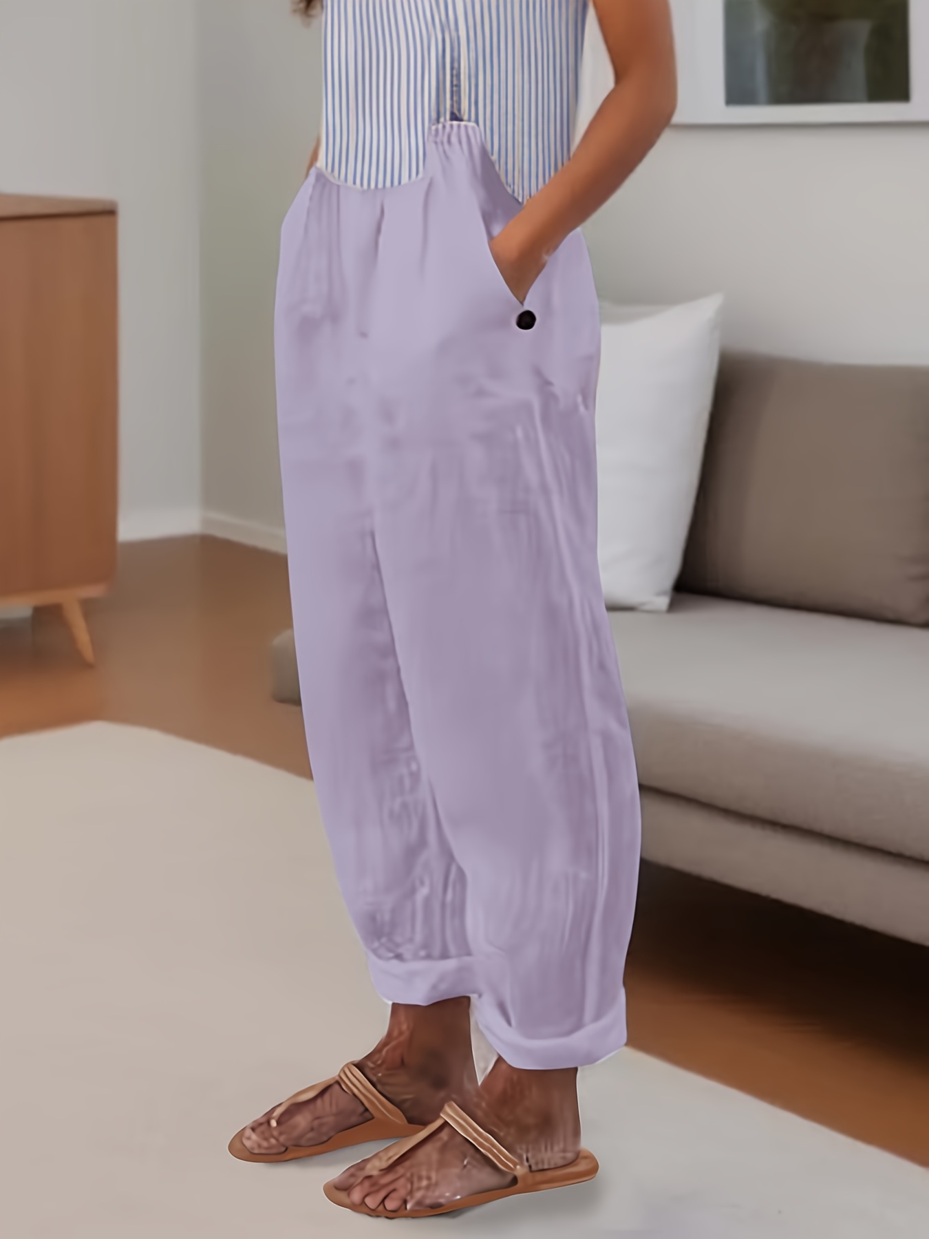 Elastic Waist Capri Pants Casual Solid Versatile Pants - Temu Italy