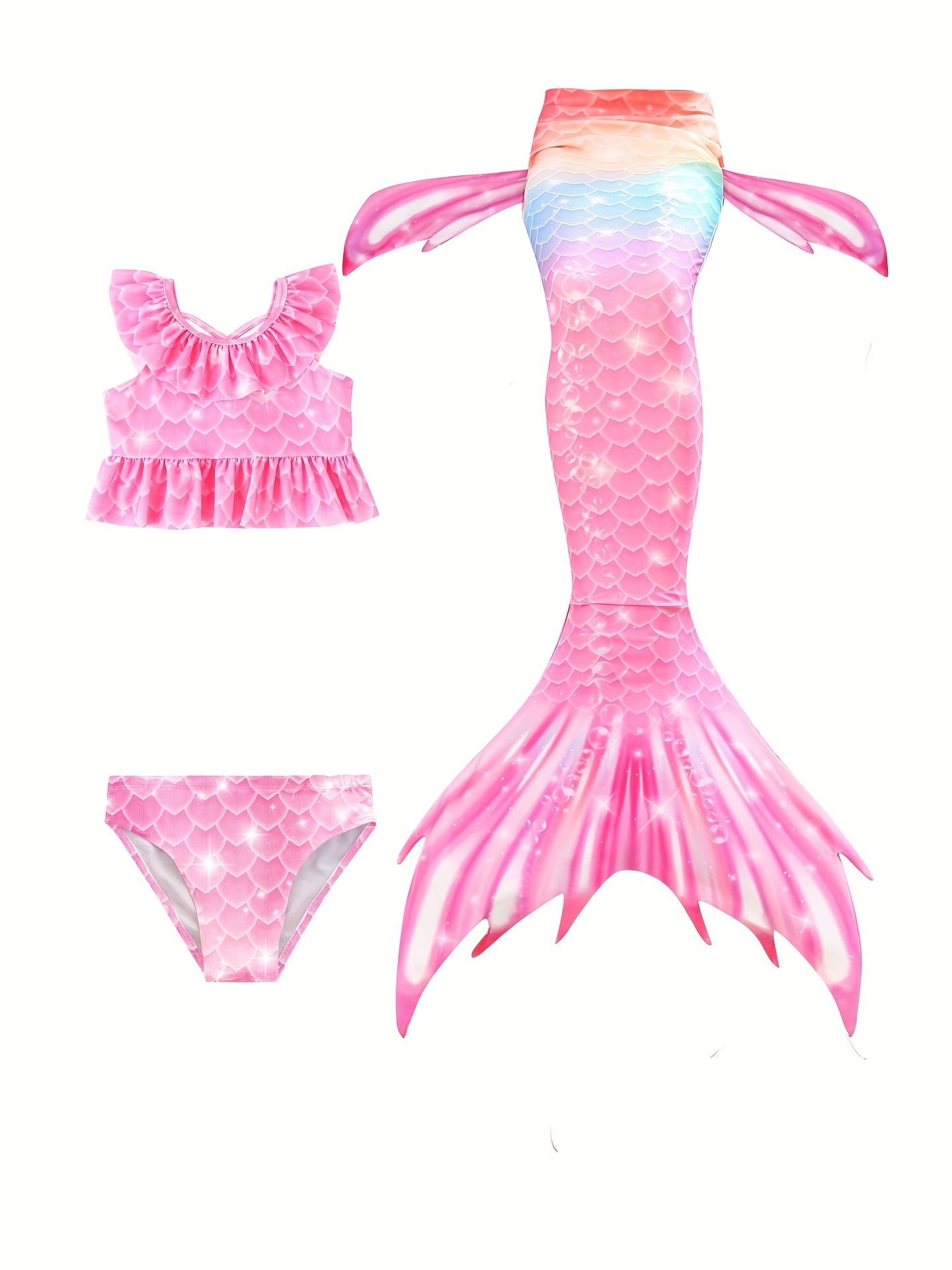 Girl's Mermaid Swimsuit 3pc Ruffled Bikini Set & Mermaid Tail