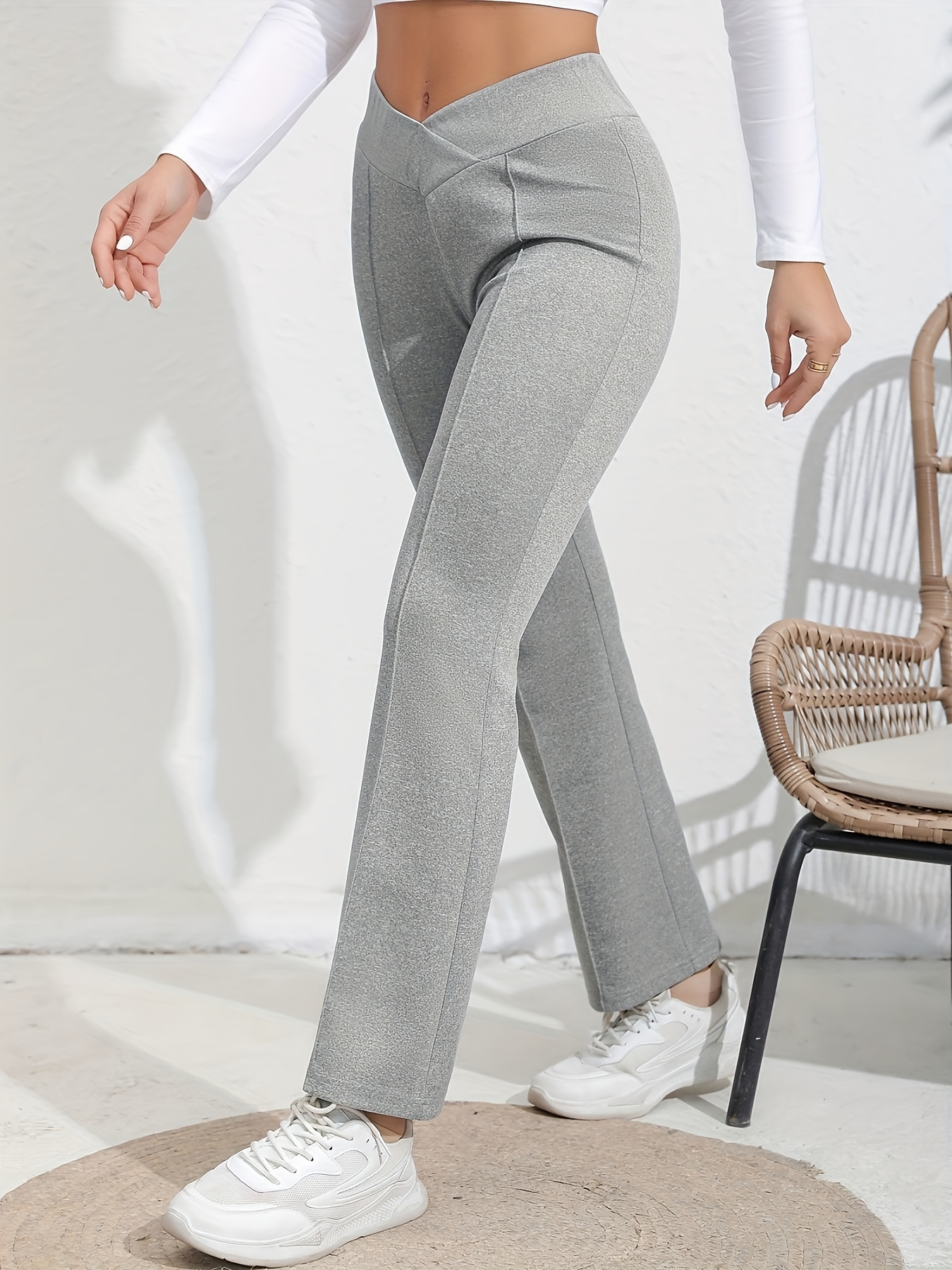 Solid Crossover Waist Slim Pants, Elegant Fashion Flare Leg Pants, Women's  Clothing
