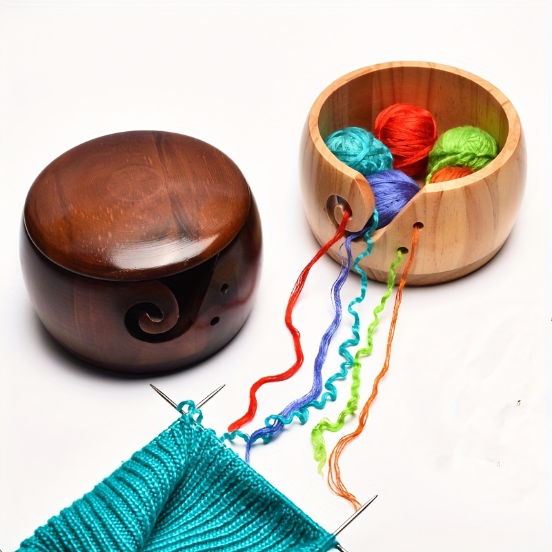 1pc Wooden Yarn Bowl With Handmade Holes, Knitting Crochet Weaving