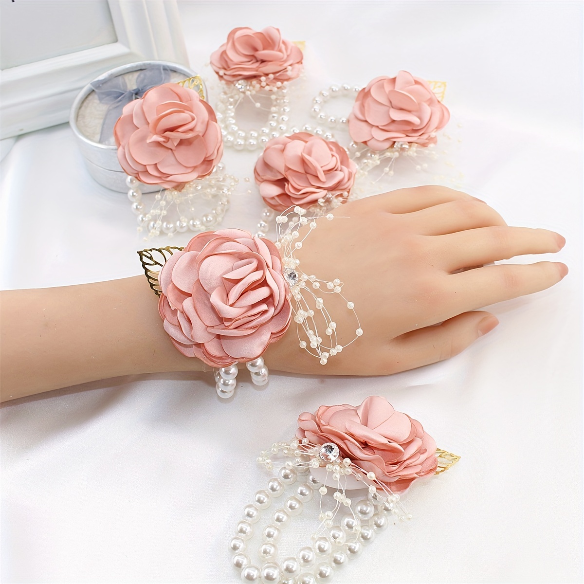 4pcs Artificial Peony Wrist Corsages for Wedding, Bridesmaid Band