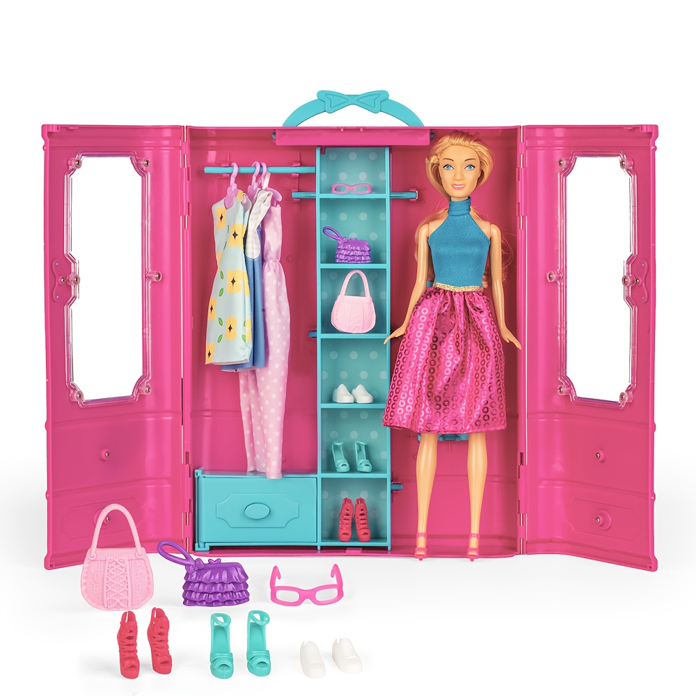 11.5 Inch Doll Furniture Doll Clothes Closet Wardrobe Toy, Three-door  Storage Cabinet for women Role Play Dollhouse Clothes Accessories Toy 