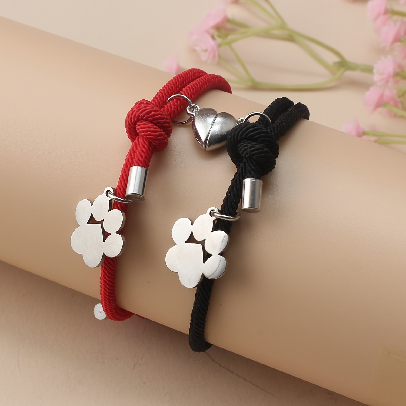 

2pcs Magnet Heart Bracelet, Stainless Steel Dog Paw Bracelet, Adjustable Rope Bracelet, Couple Friendship Bracelet