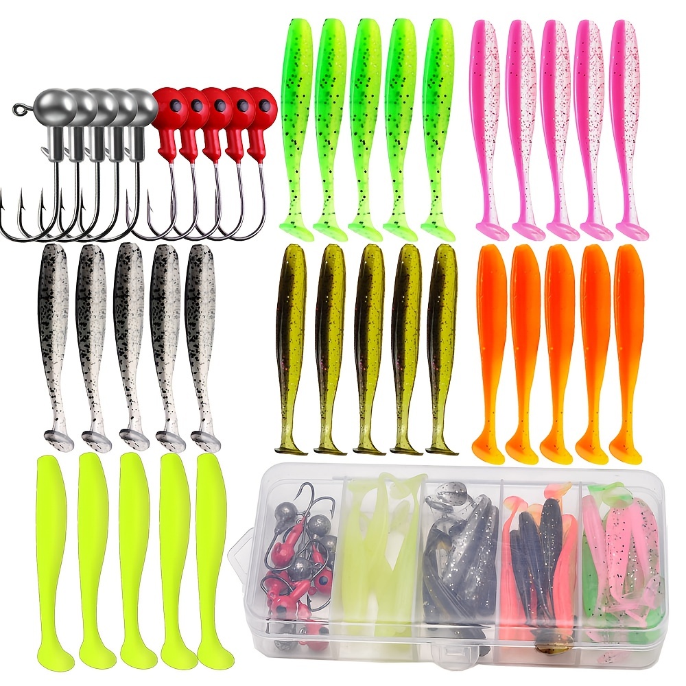 

40pcs/box Artificial Fishing Lure, Mix Color Fake Bait, T-tail Bait Set With Hooks, T-tail Pike Crochet Kit, Fishing Accessories