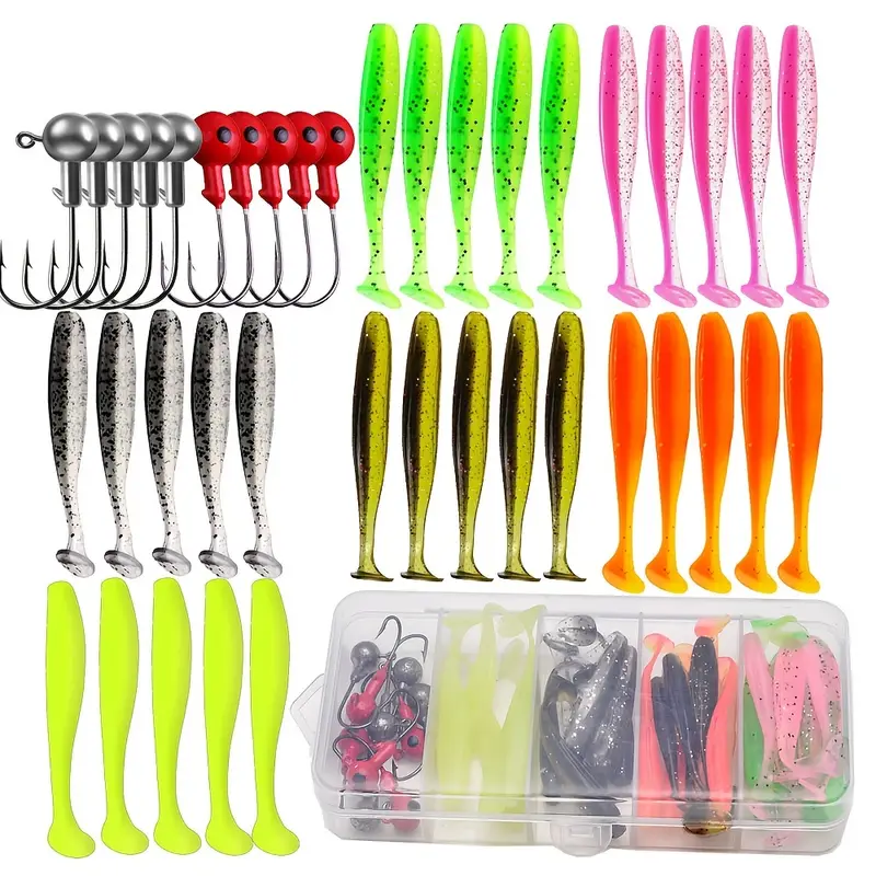 40pcs/Box Artificial Fishing Lure, Mix Color * Bait, T-tail Bait Set With  Hooks, T-Tail Pike Crochet Kit, Fishing Accessories