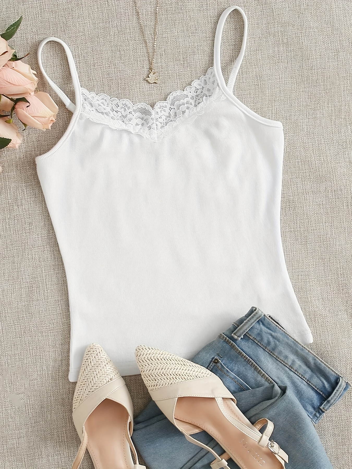 White Elegant Plain Contrast Lace Cami Women's Tank Tops Camis