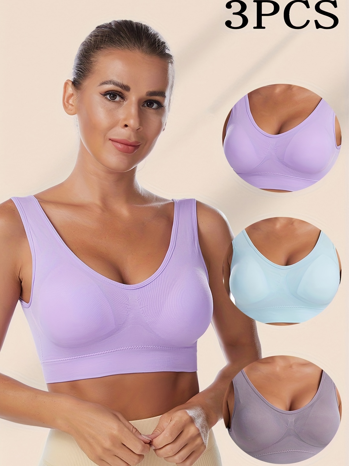 3pcs Solid Wireless Bras, Soft & Comfy Push Up Tank Bra, Women's Lingerie &  Underwear