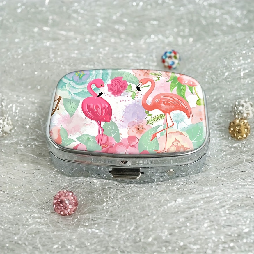 1pc pill case 2 compartment medicine case rectangle decorative box vitamin pill organizer for pocket purse and travel gifts colors watercolor flamingo and flowers details 0