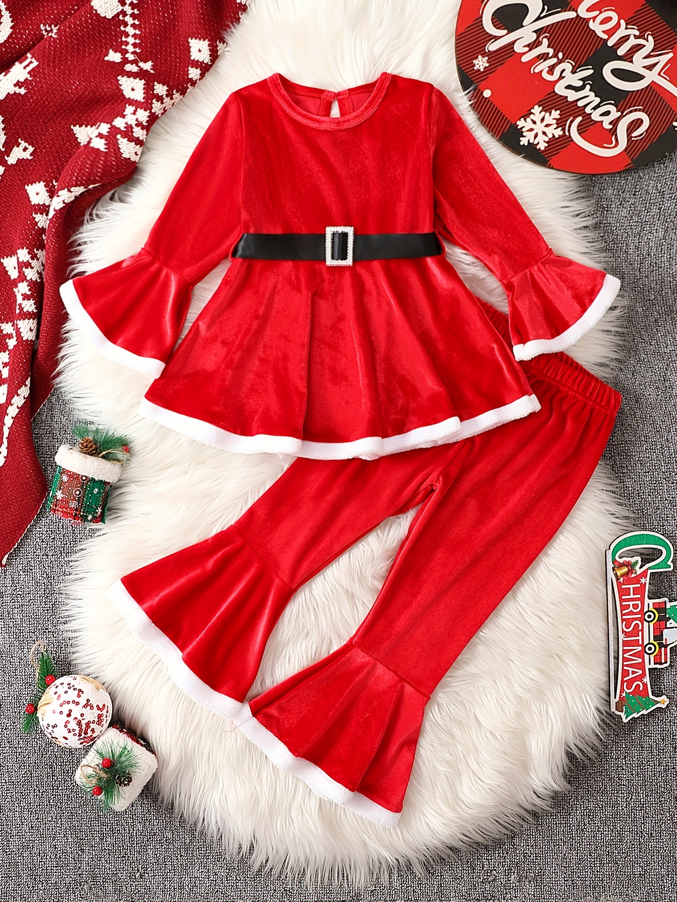 Girl's Christmas Outfit Belted Peplum Top Velvet Flared - Temu