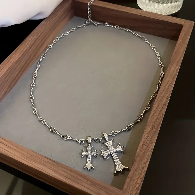18k Plated Hip Hop Style Double Cross Necklace For Women - Temu
