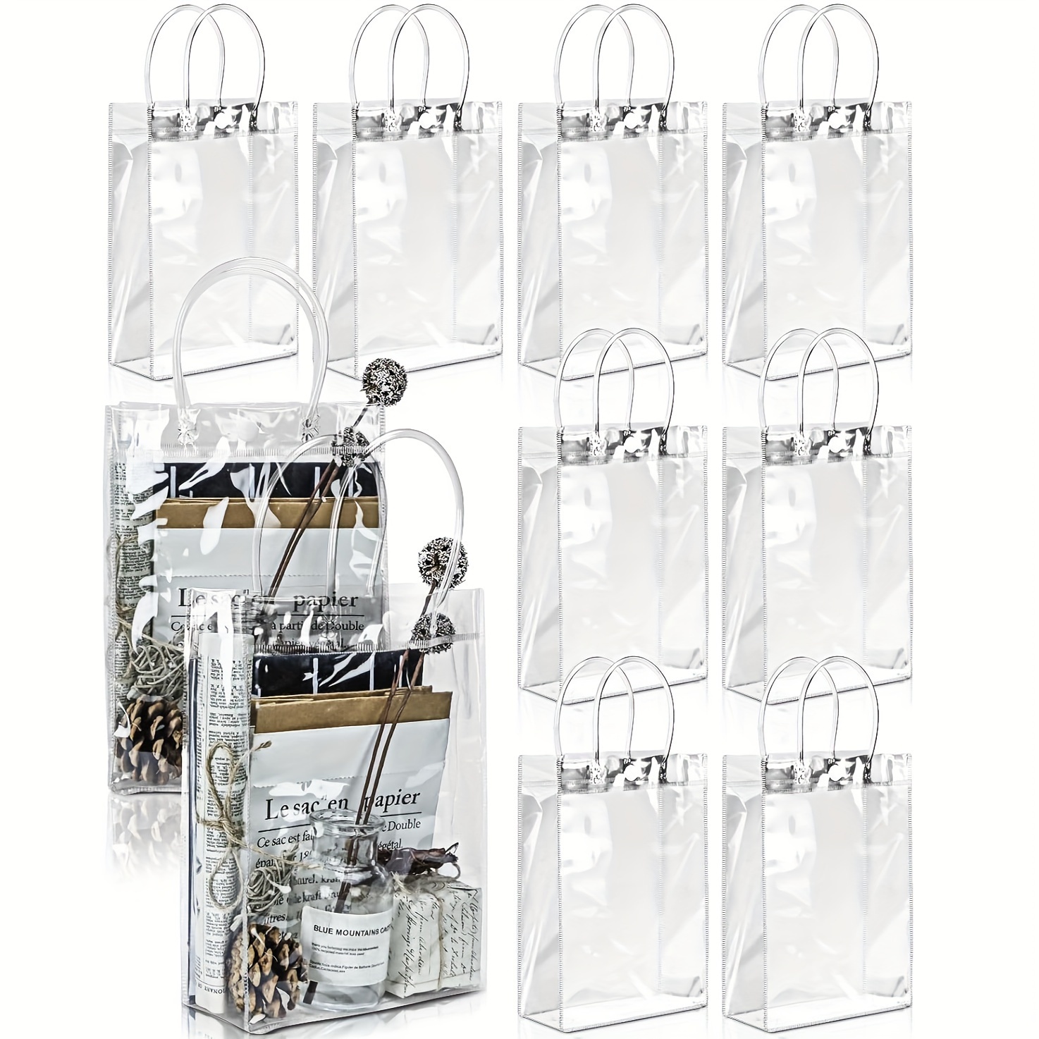 15pcs Clear Plastic Gift Bags with Handle,Reusable Transparent PVC Gift  Wrap Tote Bag for Birthday Gift Bags, Party Favor Bags, 12.2 x 10.23 x  3.14 