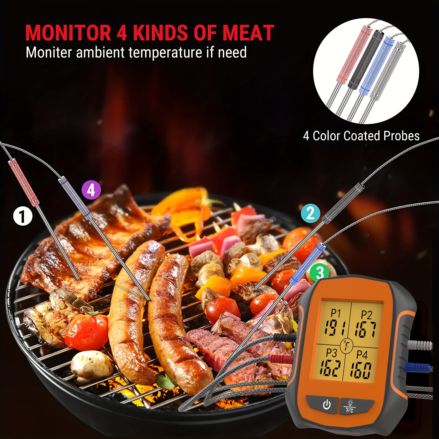 Wireless Meat Thermometer With 4 Temperature Probes, Smart Digital Cooking  Bbq Thermometer For Grilling Oven Food Smoker Thermometer, Rechargeable  Thermometer, Kitchen Stuff - Temu