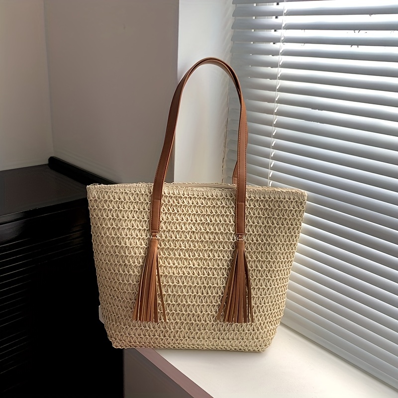 Straw Woven Tote Bag with Tassel Decor - Boho Style Summer Beach Bag