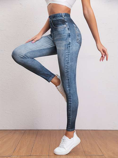 Women's Denim Print Fake Jeans Seamless Full Length Leggings Yoga Pants  High Waist Skinny Jeggings for All Seasons