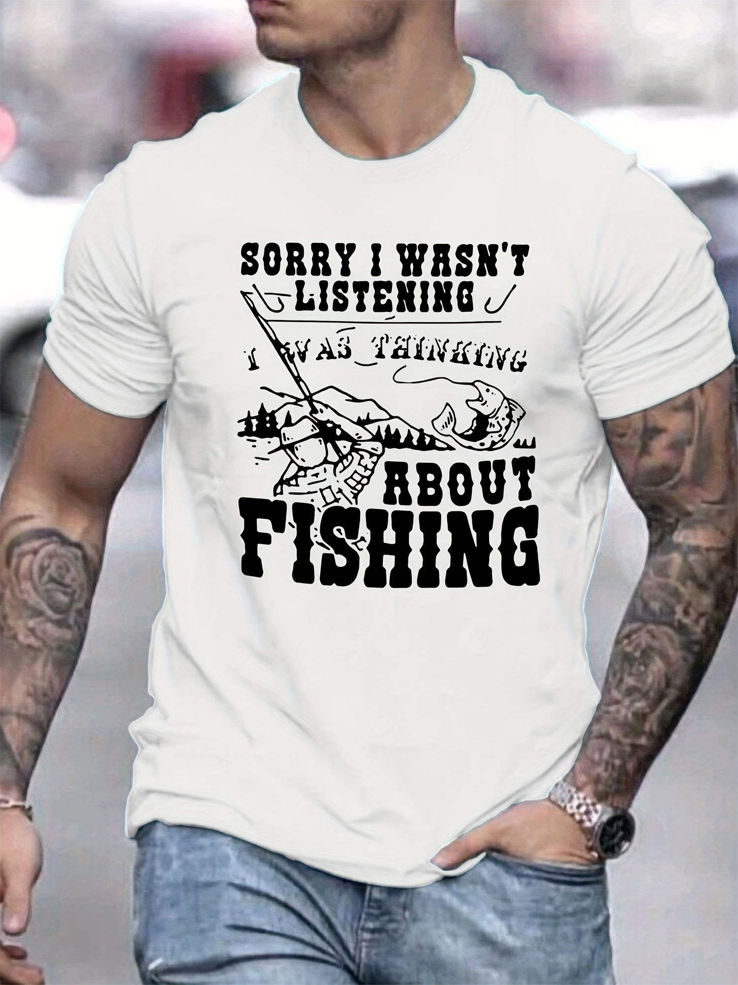 Funny Fishing & Slogan Pattern Print Graphic T-Shirts, Causal Tees, Short Sleeves Comfortable Pullover Tops, Men's Summer Clothing