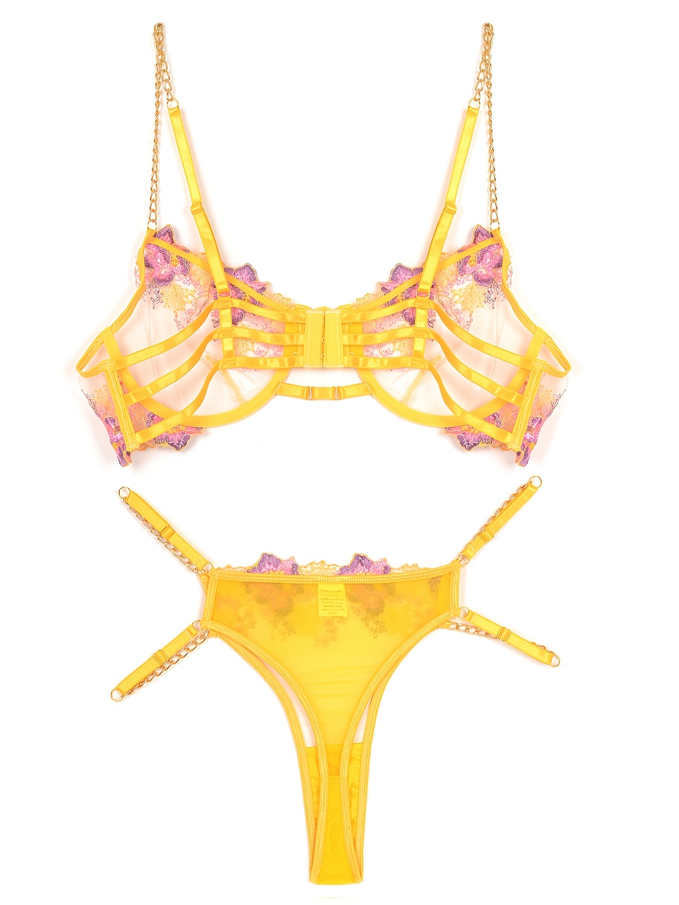 Shining Lemon! Yellow Embroidered Lingerie Bra and Panty Set, Sexy Lin
