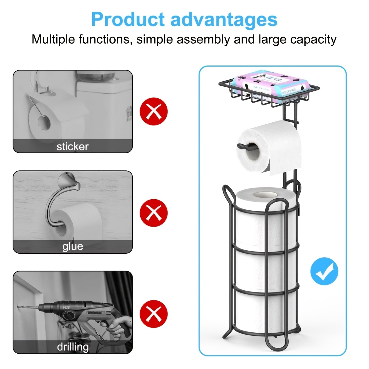 Stainless Steel Toilet Roll Holder - Freestanding Bathroom Tissue Storage  Rack With Reserve Capacity - Temu