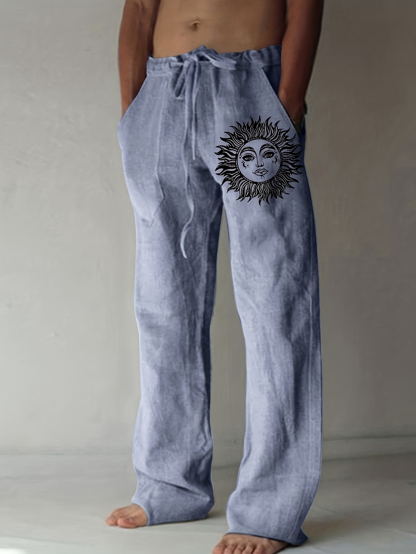Sun Pattern Wide Leg Cotton Joggers Men's Casual Loose Fit - Temu