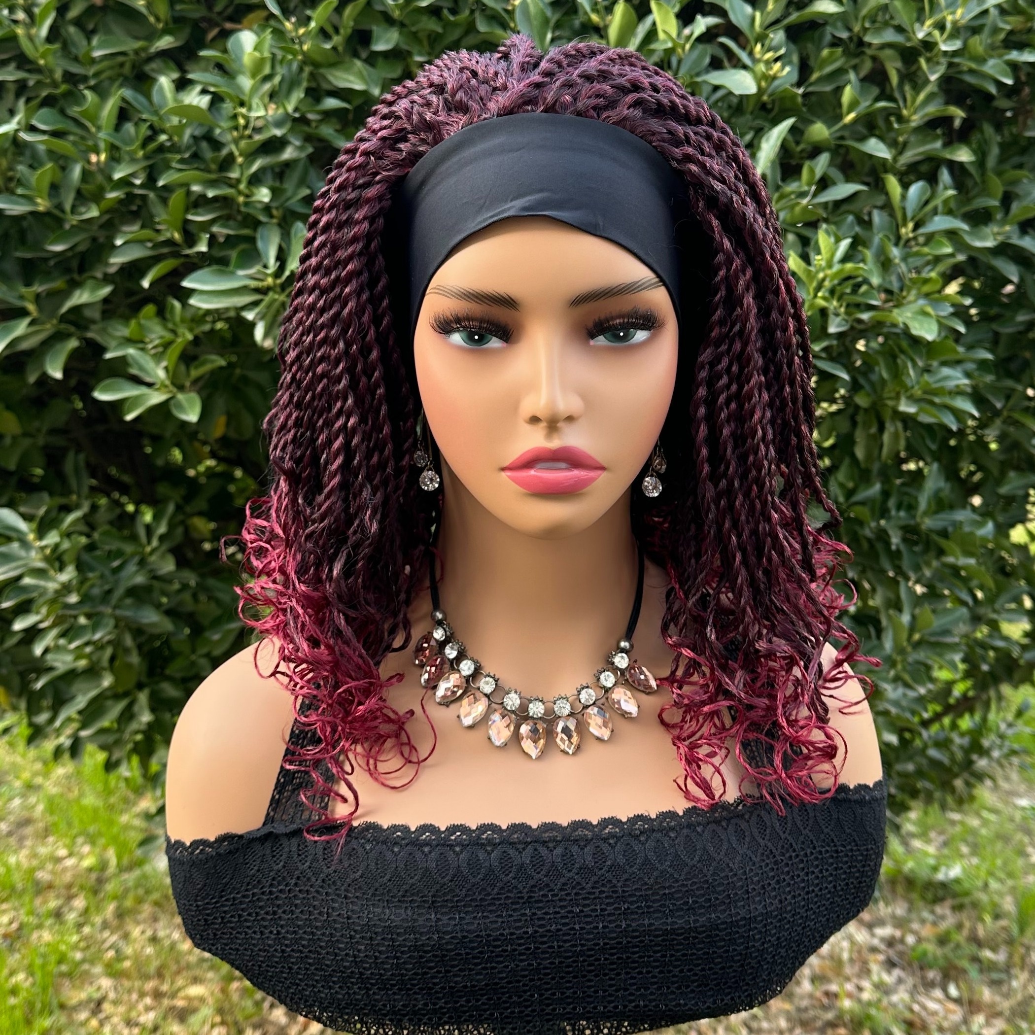 Long Box Braided Lace Front Wig Crochet Braids Burgundy Synthetic