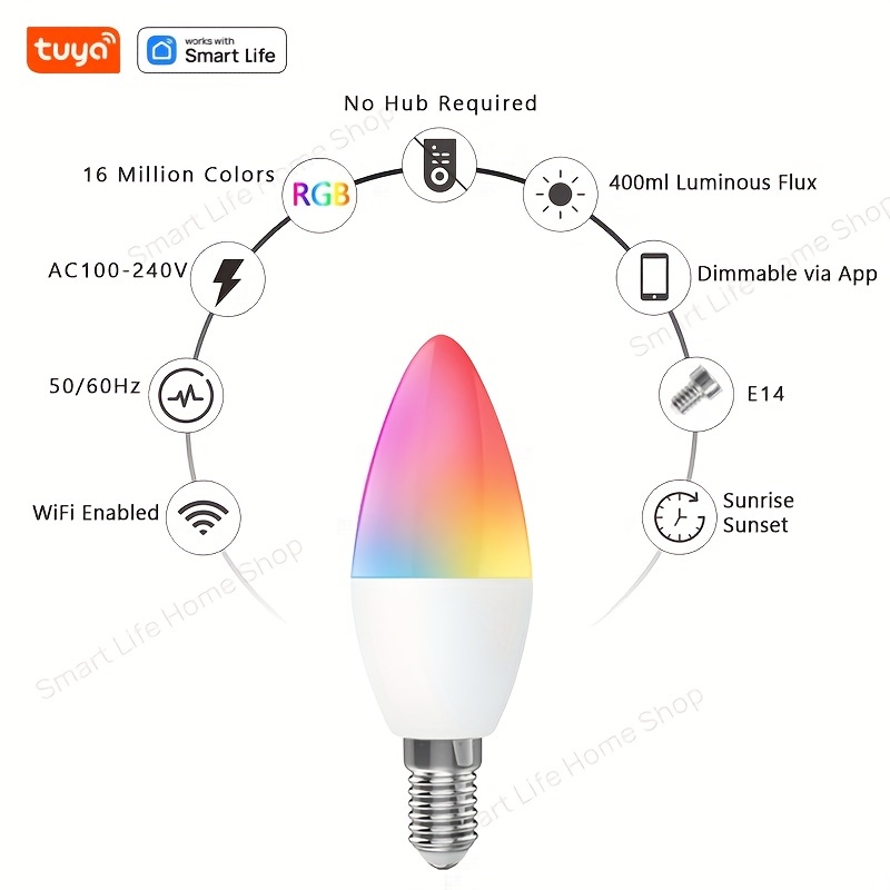 Comprar Bombilla LED inteligente con WiFi, 5W, E14, RGB + W + C, lámpara  LED con aplicación que funciona con asistente de Google Alexa, Control de  despertador, luz nocturna inteligente