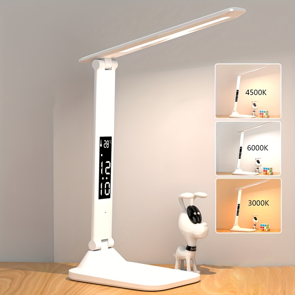Lámpara de escritorio, lámpara LED de escritorio con cargador inalámbrico,  puerto de carga USB, ajustable y plegable.Lámpara de mesa con reloj