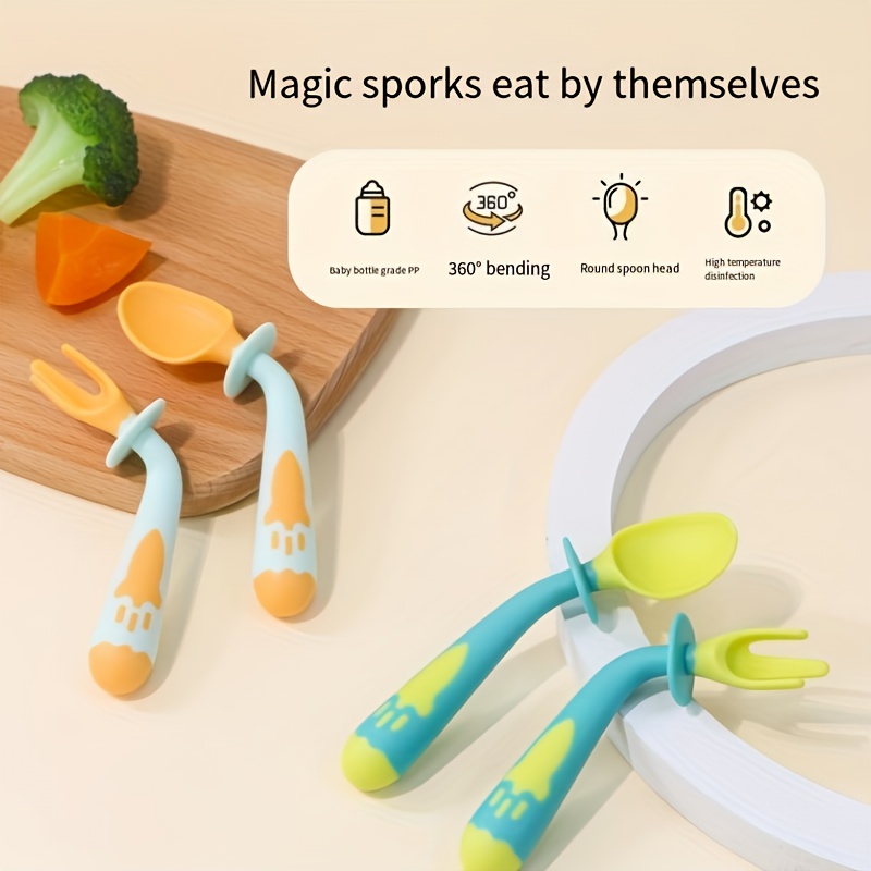 1pc Silicone Baby Flatware Training Spoon & Fork Set With Bendable