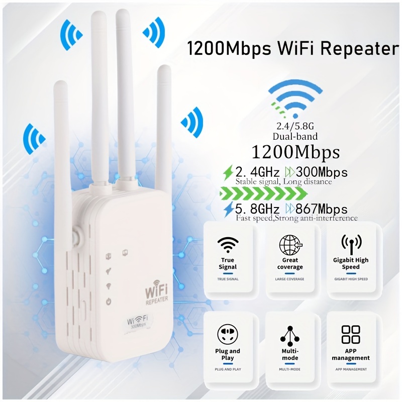 Répéteur WiFi 1200Mbps Prise UE Amplificateur D'extension WiFi Booster WiFi  Signal Wi-Fi, Double Bande 2,4 Et 5 GHz, 4 Antennes Couverture Complète À