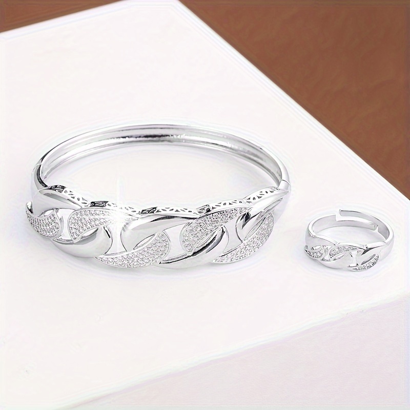 Hip Hop Copper Bracelet & Ring Set with Zirconia Mosaic