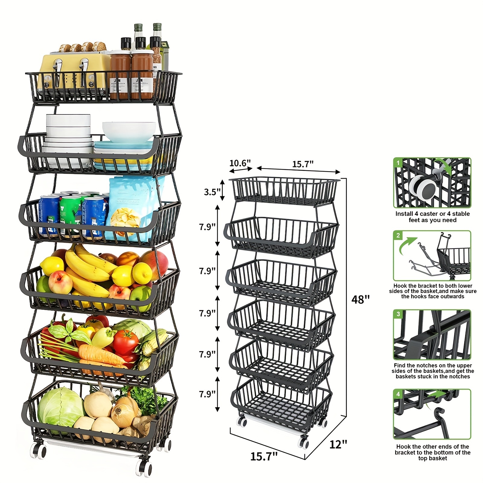SAYZH Cesta de frutas para cocina, carrito utilitario rodante de 4 niveles,  carrito de almacenamiento apilable de frutas y verduras, cesta de