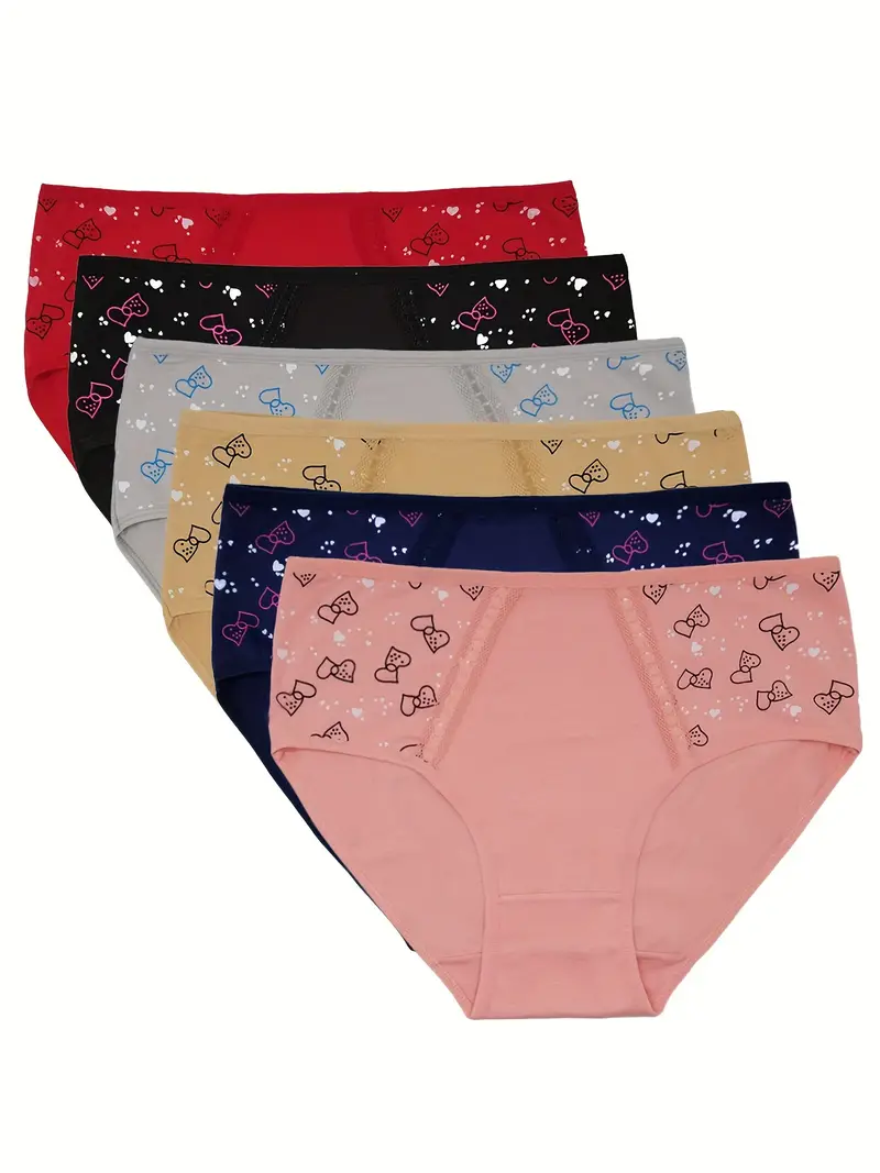 6pcs Bow Print Briefs, Comfy & Cute Stretchy Intimates Panties, Women's  Lingerie & Underwear
