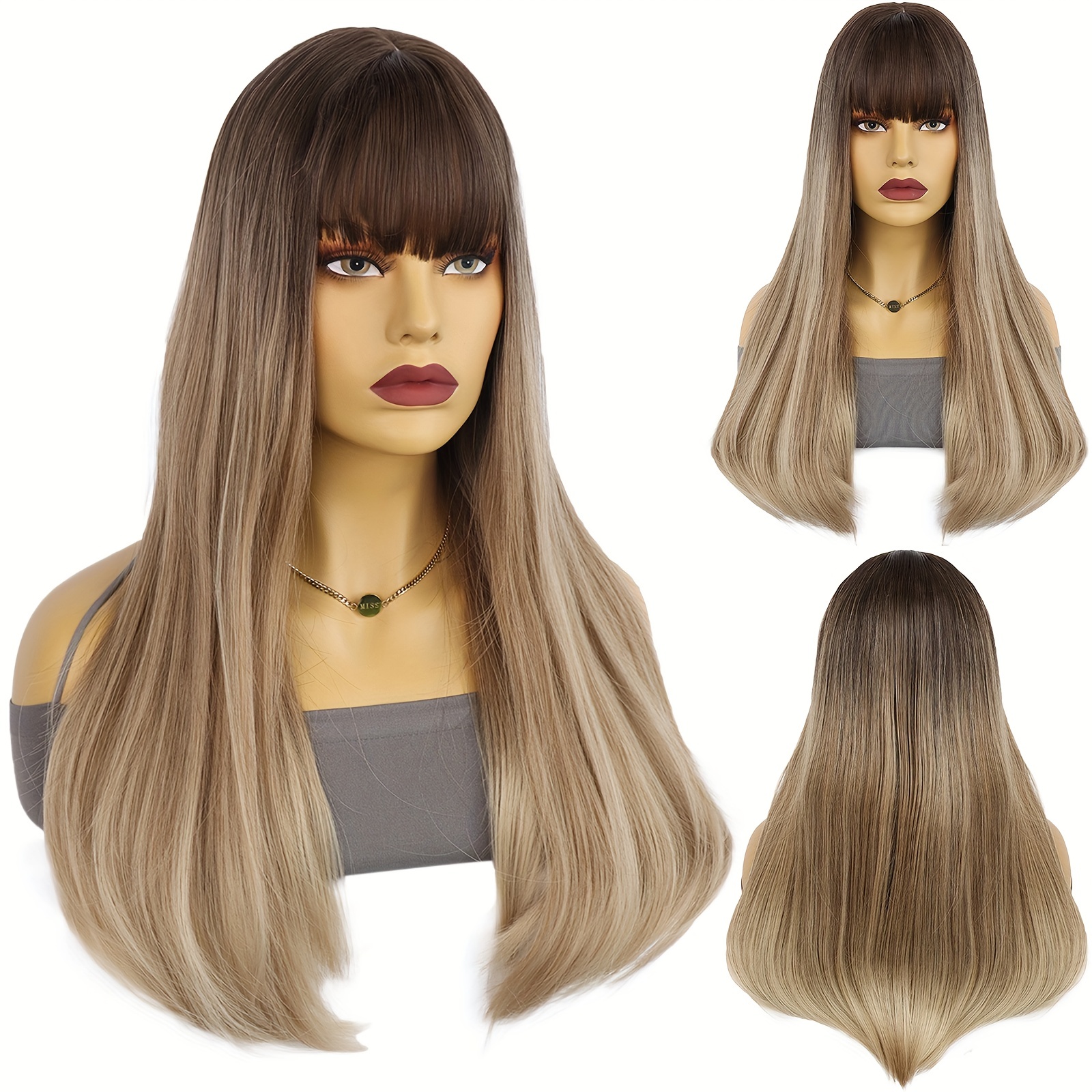 Synthetic Hair 22 Inches Medium Length Brown Straight Wig With Flat Bangs Suitable For Women s Daily Gatherings Non Adhesive Heat resistant Natural Fa