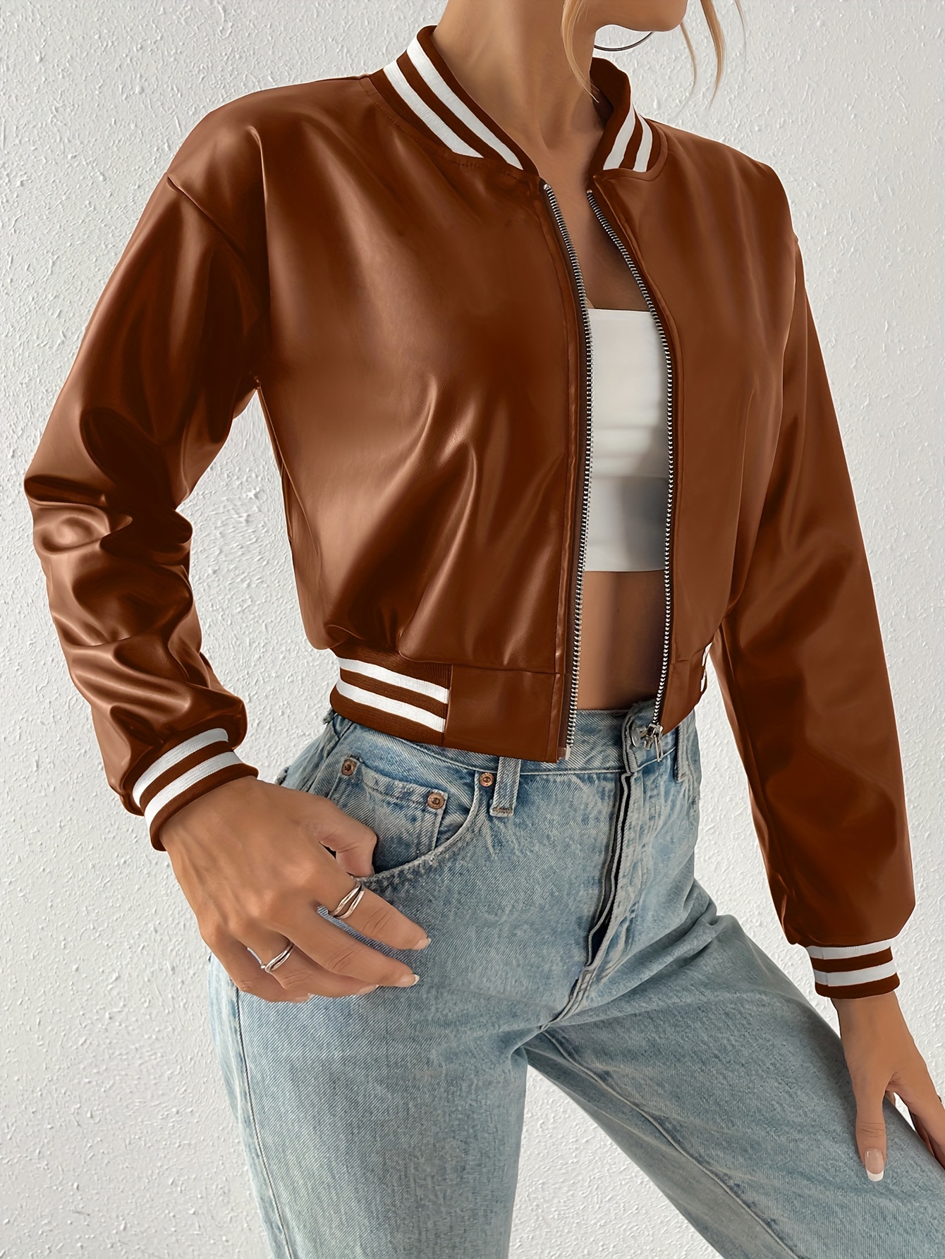 Faux Leather Crop Jacket Y2k Zip Front Long Sleeve Jacket - Temu