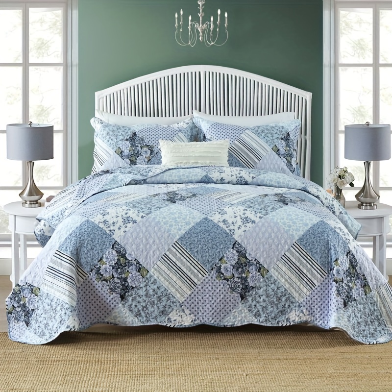 Juego de edredón de 3 piezas, tamaño Queen, patrón floral azul, cubrecama  elegante y bohemio, con 2 fundas de almohada, juego de ropa de cama de