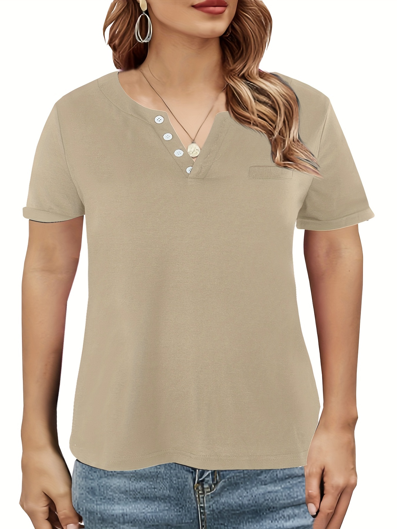 v neck button t shirt short sleeve solid t shirt casual every day tops womens clothing khaki 1 0