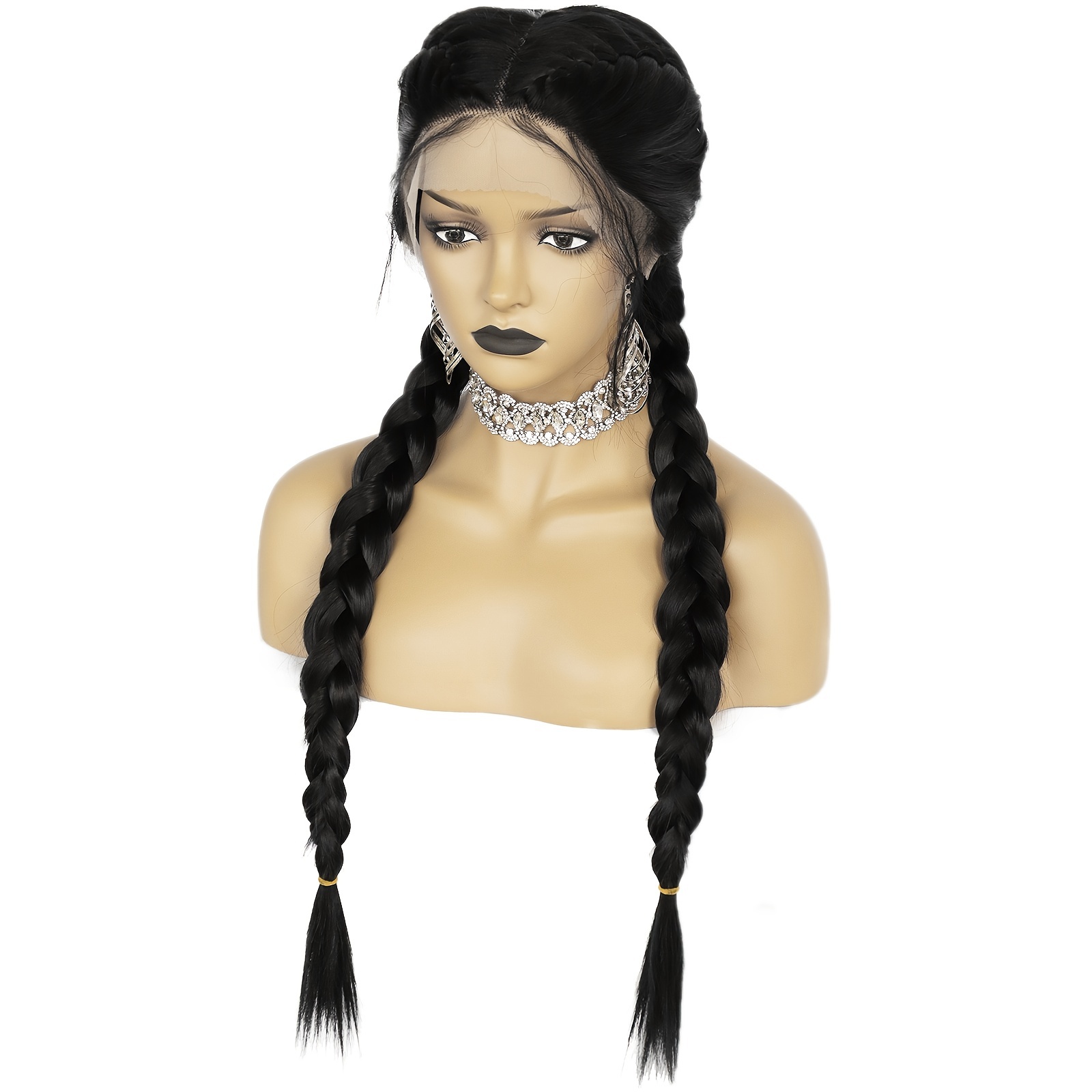 Heat Resistant Double Braided Black Lace Wig Long Synthetic Braided Wig for Women Daily Wear