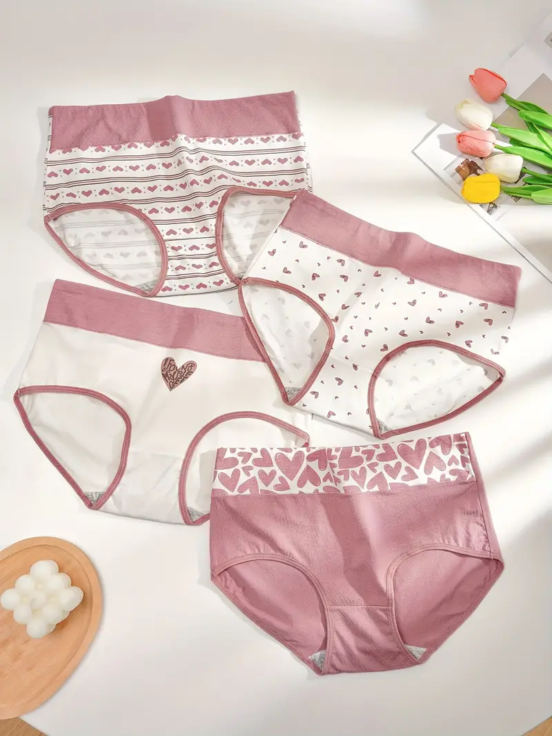 4pcs Heart Print Briefs, Comfy & Breathable Stretchy Intimates Panties,  Women's Lingerie & Underwear