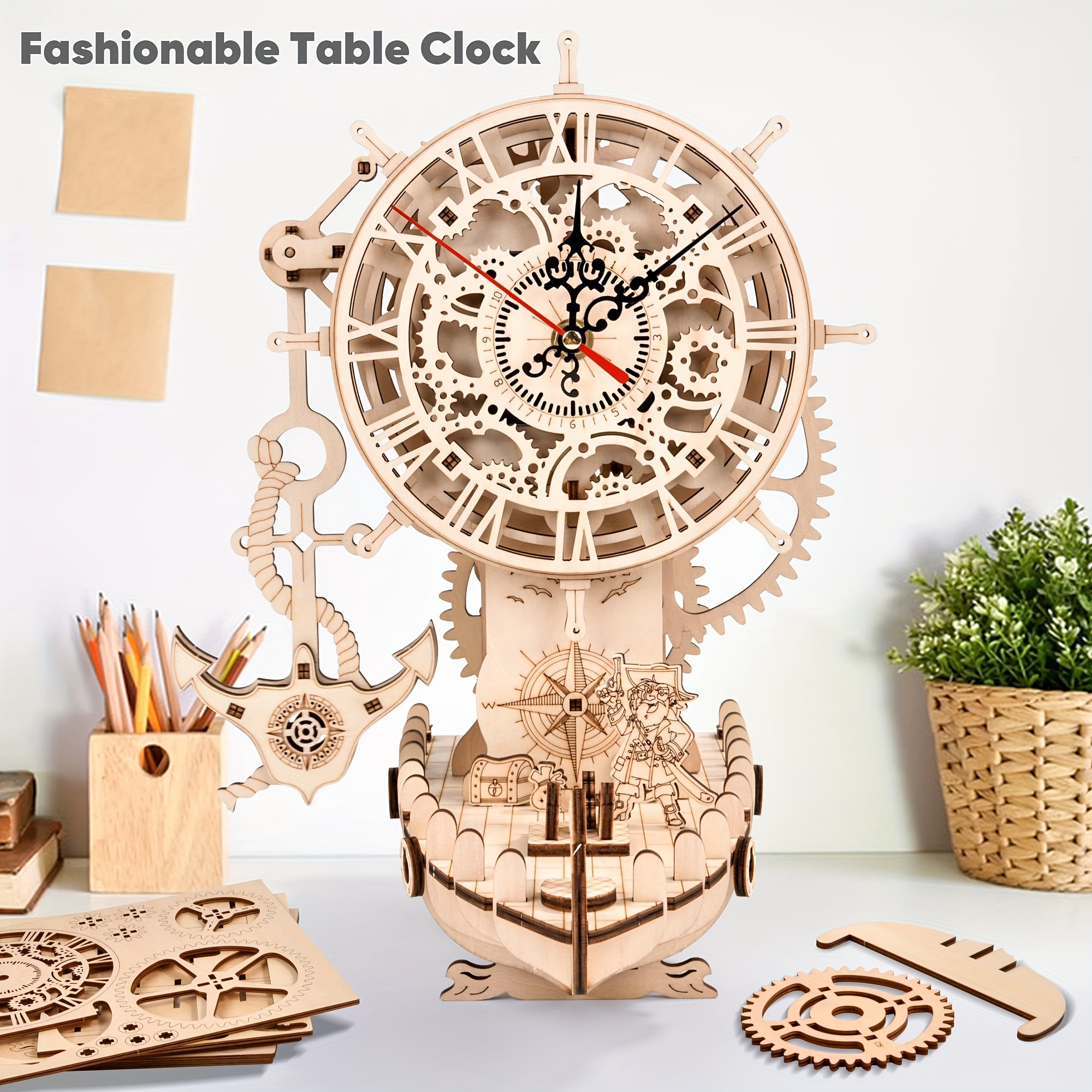 大人向けの海賊船時計 3D 木製パズル、DIY 3D パズル機械式時計キットを組み立てる大人向けの木製モデル、大人向けの時計作成キットのギフト。