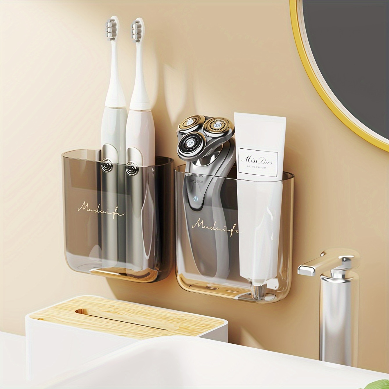 iHave - Portacepillos de dientes de pared para baños con 4 vasos,  dispensador de pasta de dientes y 2 cajones para cosméticos, bandeja de  gran