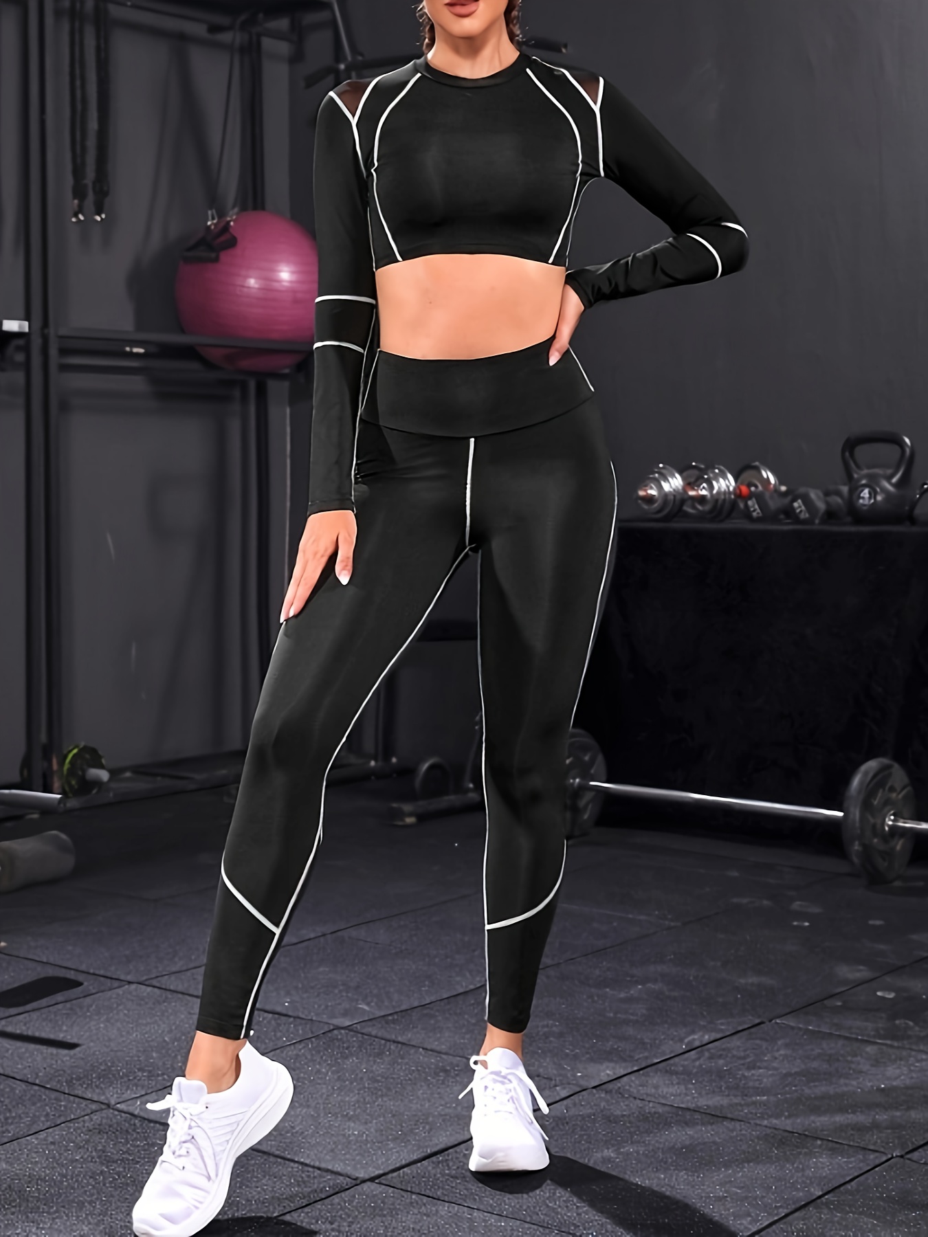 2pcs Leopard Print Fitness Yoga Suit Gym Outfits Set Asymmetrical Neck Top  Contrast Mesh Leggings