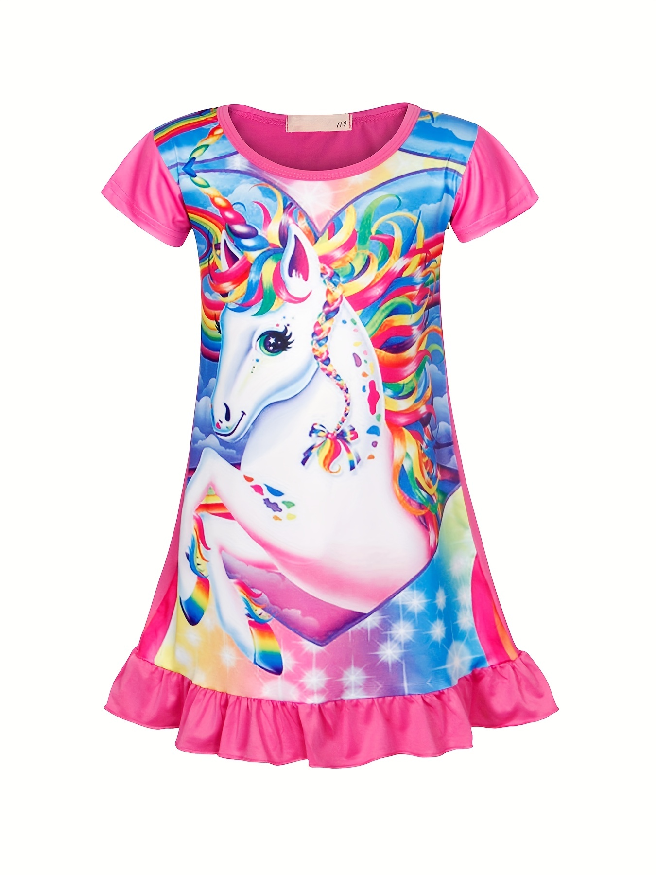 girls unicorn print nightdress kids short sleeve ruffle hem nightgowns sleepwear pajama dresses kids summer clothes details 48