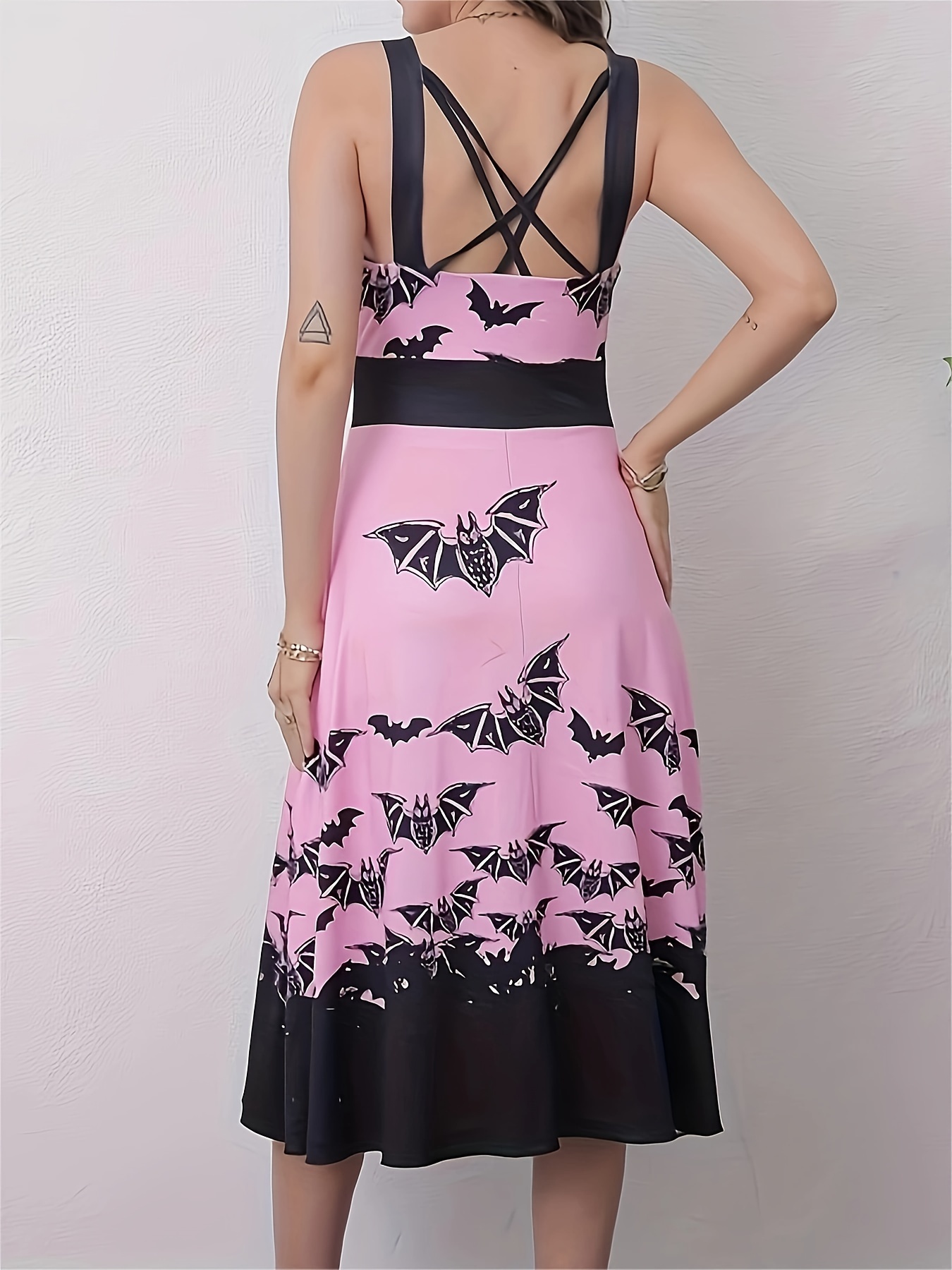 Bat Print Ring Strap Dress Backless Lace Up Corset Flared - Temu