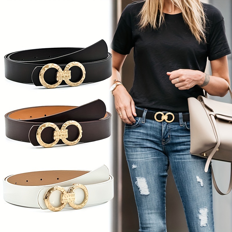 Female Gold Round Metal Circle Buckle belt Gold round Belt Women Jeans  Pants PU Leather Pure Color Waist Belts