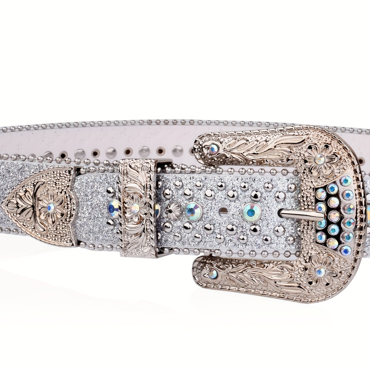 Engraved Buckle Y2K Belt Beads Rhinestone Decor Sparkling PU Belt