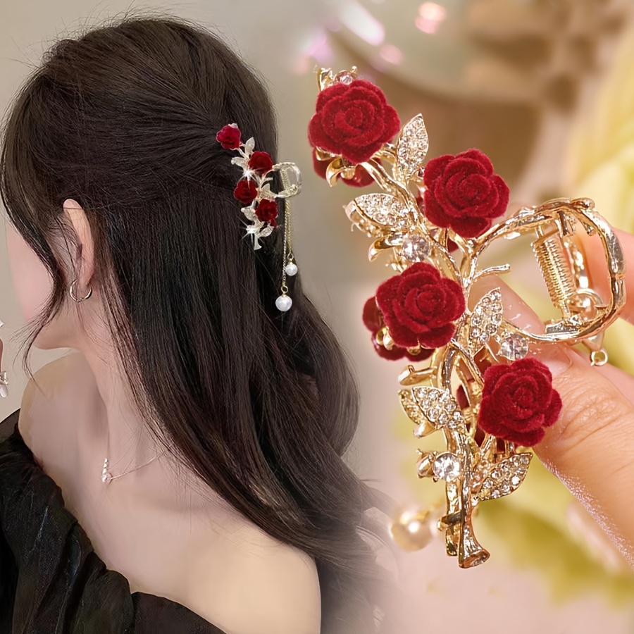 

1pc, Elegant Vintage Premium Tassel Claw Clip, Flocking Red Rose & Hair Claw, Women Girls Princess Hair Accessories, For Valentine's Day Prop