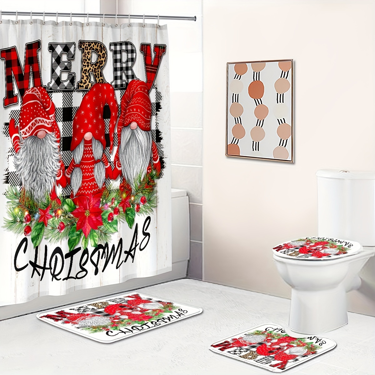 3D Christmas Santa Bathroom Shower Curtain Set Waterproof Shower Curtain  Non-slip Carpet Pedestal Rug Toilet Seat Cover Shower Curtains Christmas  Decro with 12 Hooks 4 Options